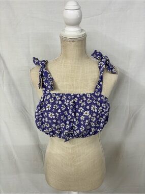 SHEIN Daisy Print Purple Cropped Tank Top Adjustable Straps 0X Flawed